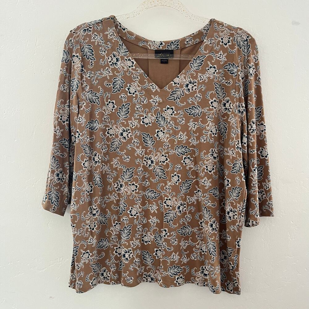 J. Jill Wearever Collection Floral Top Large Brown Casual Office Stretch Modest